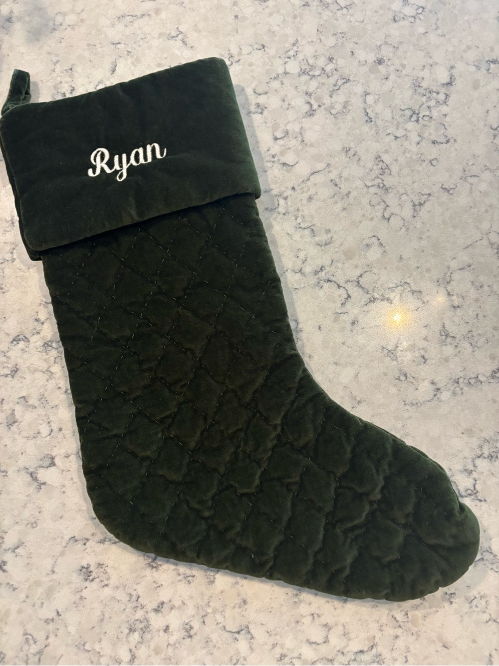 Pottery Barn Large Christmas Stocking Dark Green Velvet Name Ryan Quilt Holiday